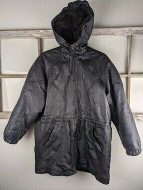 Men's Leather Fur Winter Coat Black Medium Hooded Full Zip